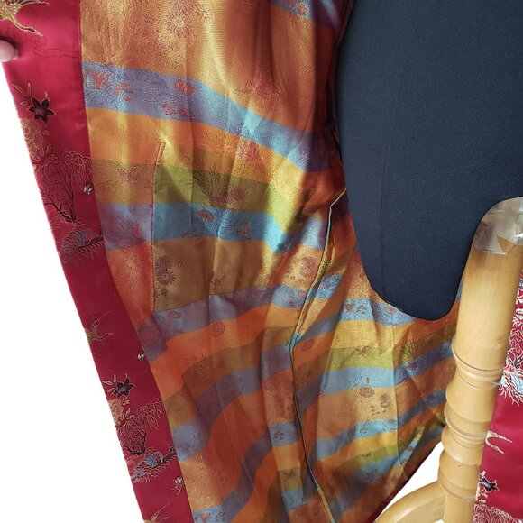 Vintage Red Embroidered Long Kimono Robe with Belt Made in China - Picture 10 of 13